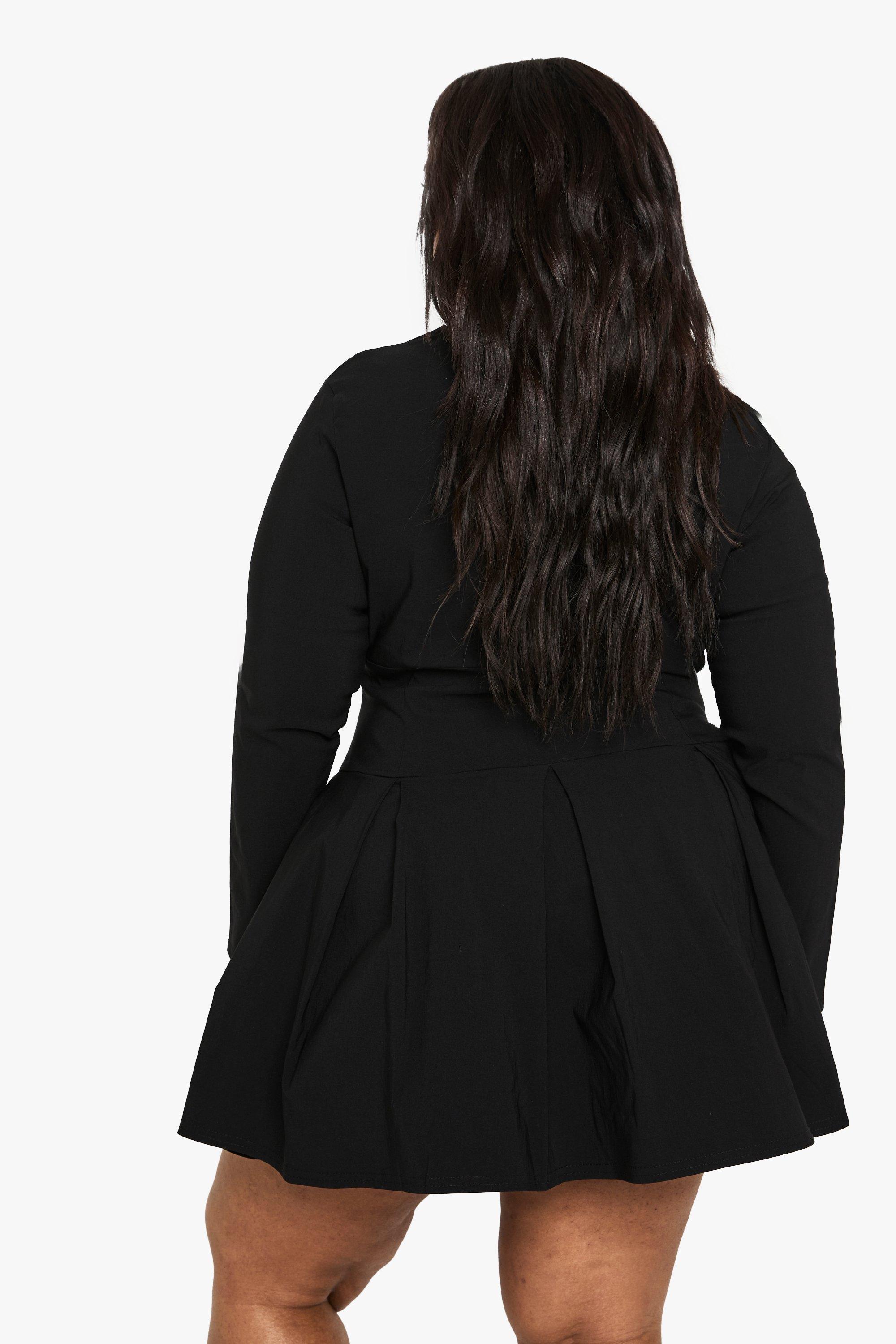 Plus Long Sleeve Corset Detail Plunge Pleated Hem Dress