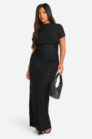 Black Plus Tetxured Ruched Cap Sleeve Column Dress