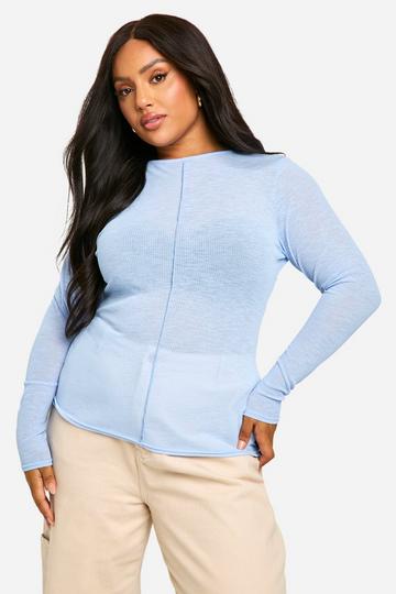 Plus Ribbed Seam Detail Long Sleeve Tops blue