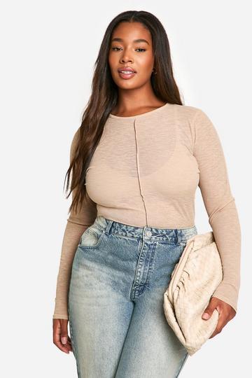 Plus Ribbed Seam Detail Long Sleeve Tops taupe