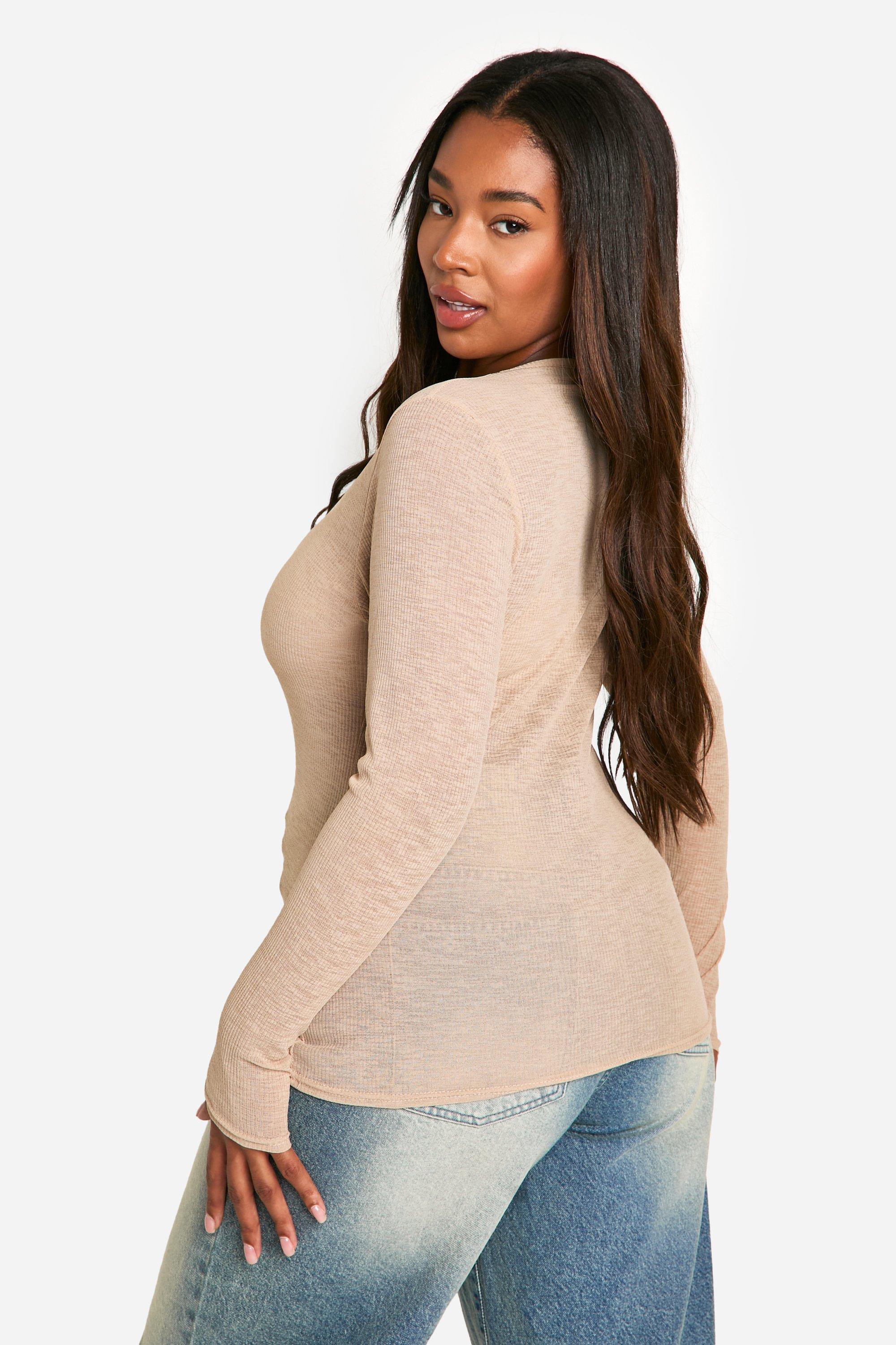 Plus Ribbed Seam Detail Long Sleeve Tops boohoo DK