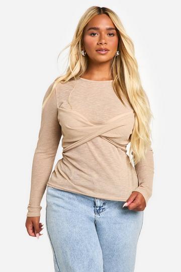 Plus Ribbed Long Sleeve Twist Detail Top taupe