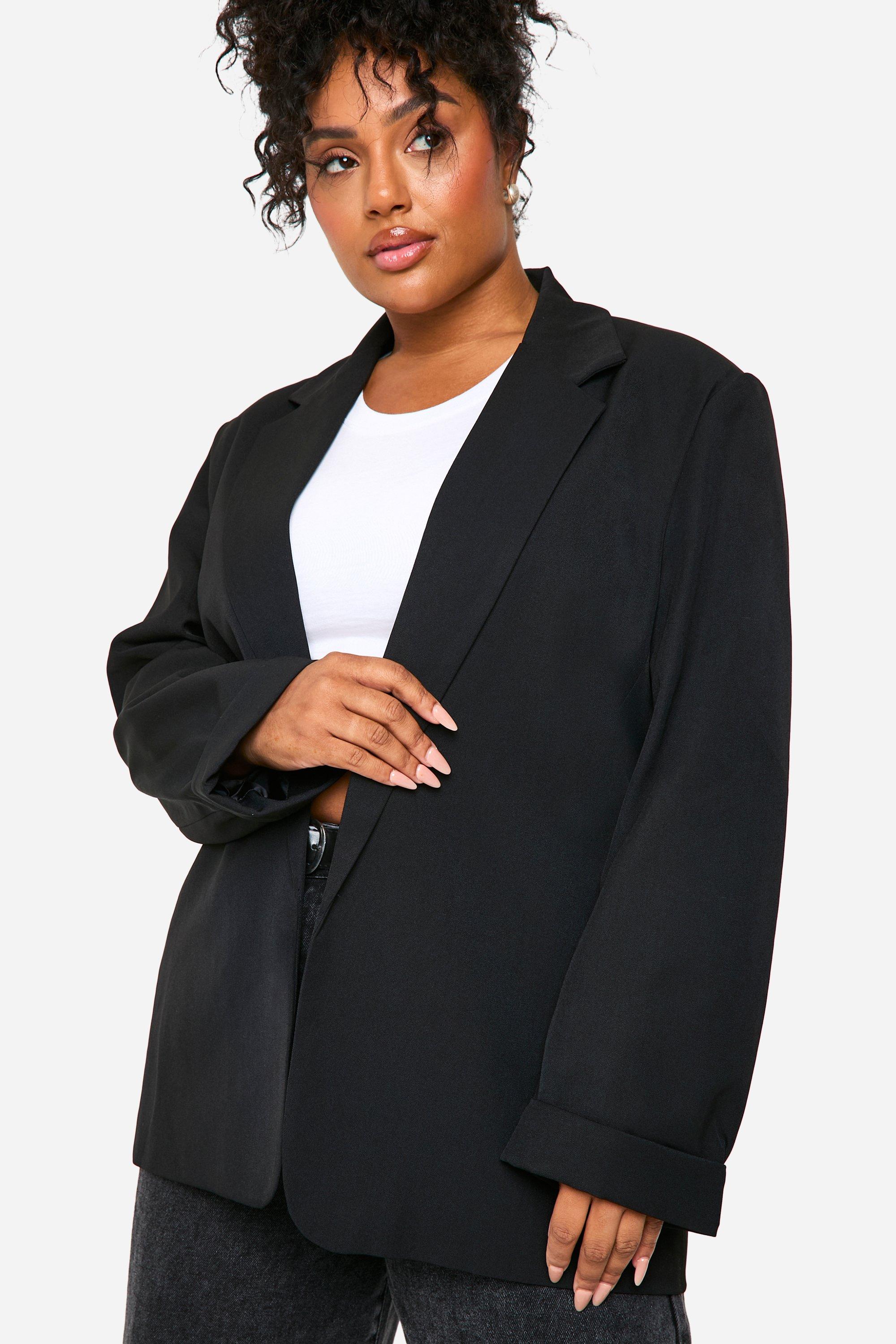 boohoo Women s Plus Essential Relaxed Edge to Edge Turn Up Cuff Blazer Black Casual Jackets