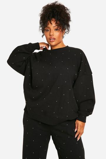 Plus All Over Rhinestone Crew Neck Oversized Sweatshirt black