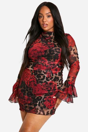 Multi Plus Slash Neck Mixed Leopard Print Flare Sleeve Mini Dress