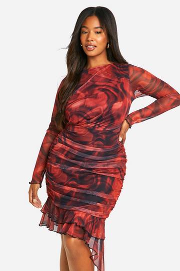 Plus Printed Long Sleeve Ruffle Ruched Mini Dress red