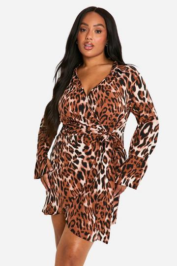 Plus Leopard Print Wrap Shirt Dress leopard