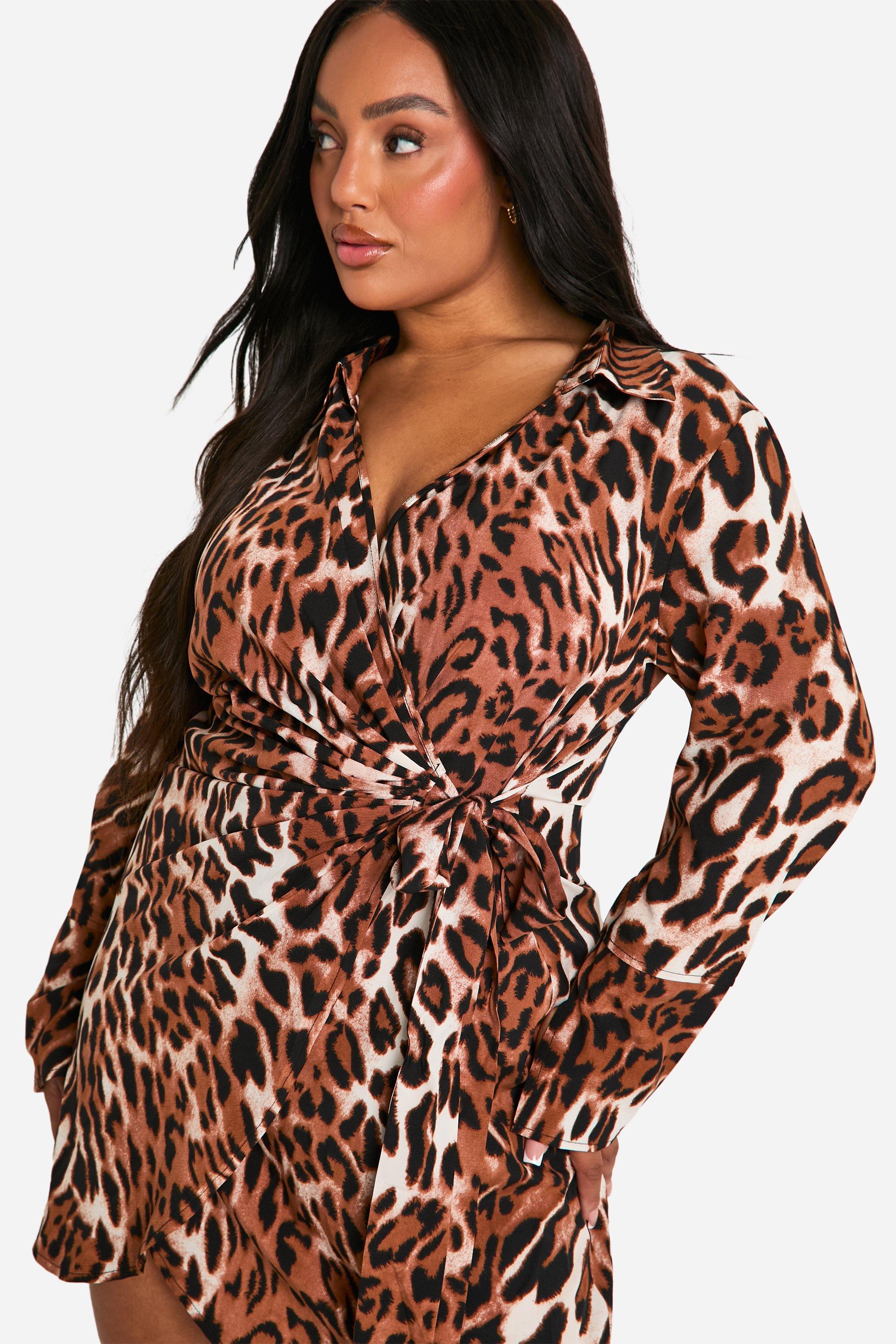 boohoo Plus Leopard Print Wrap Shirt Dress Multi Size 22