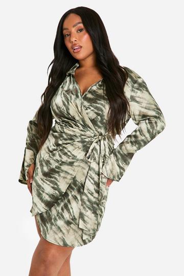 Plus Marble Print Wrap Shirt Dress khaki