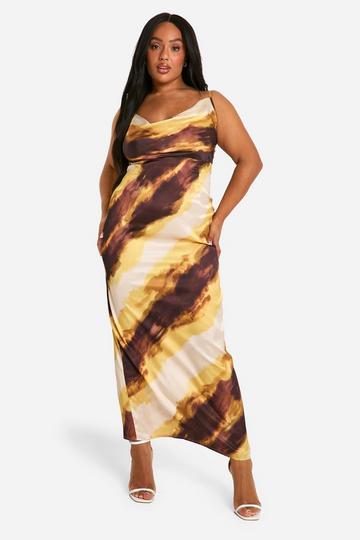 Brown Plus Marble Printed Maxi Slip Dress