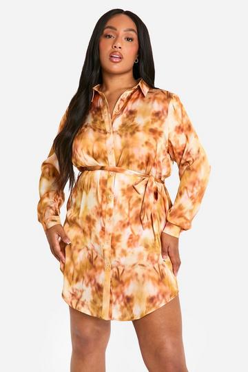 Orange Plus Marble Printed Tie Belt Shirt Dress