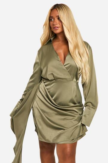 Plus Satin Drape Wrap Dress khaki