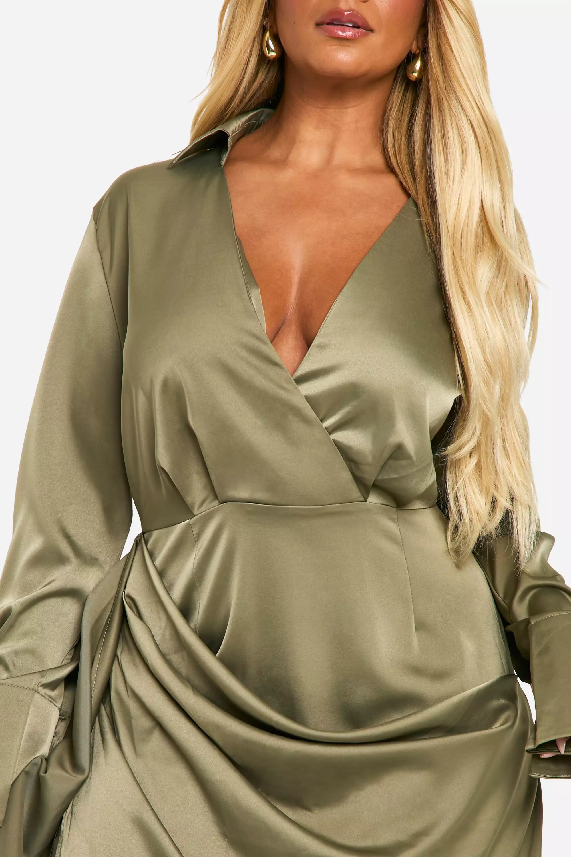 Khaki satin wrap dress best sale