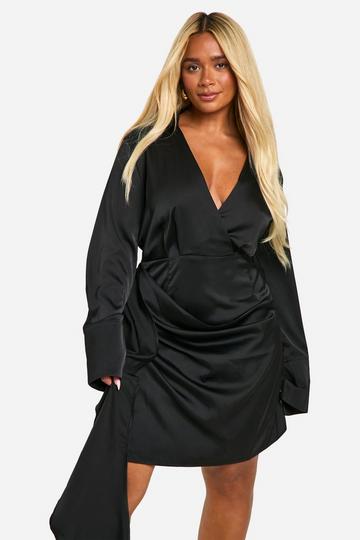 Black Plus Satin Drape Wrap Dress