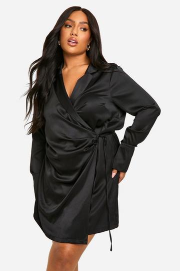 Plus Satijnen Wikkelblouse Jurk Met Ceintuur black