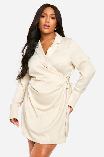 Stone Beige Plus Satin Tie Wrap Shirt Dress