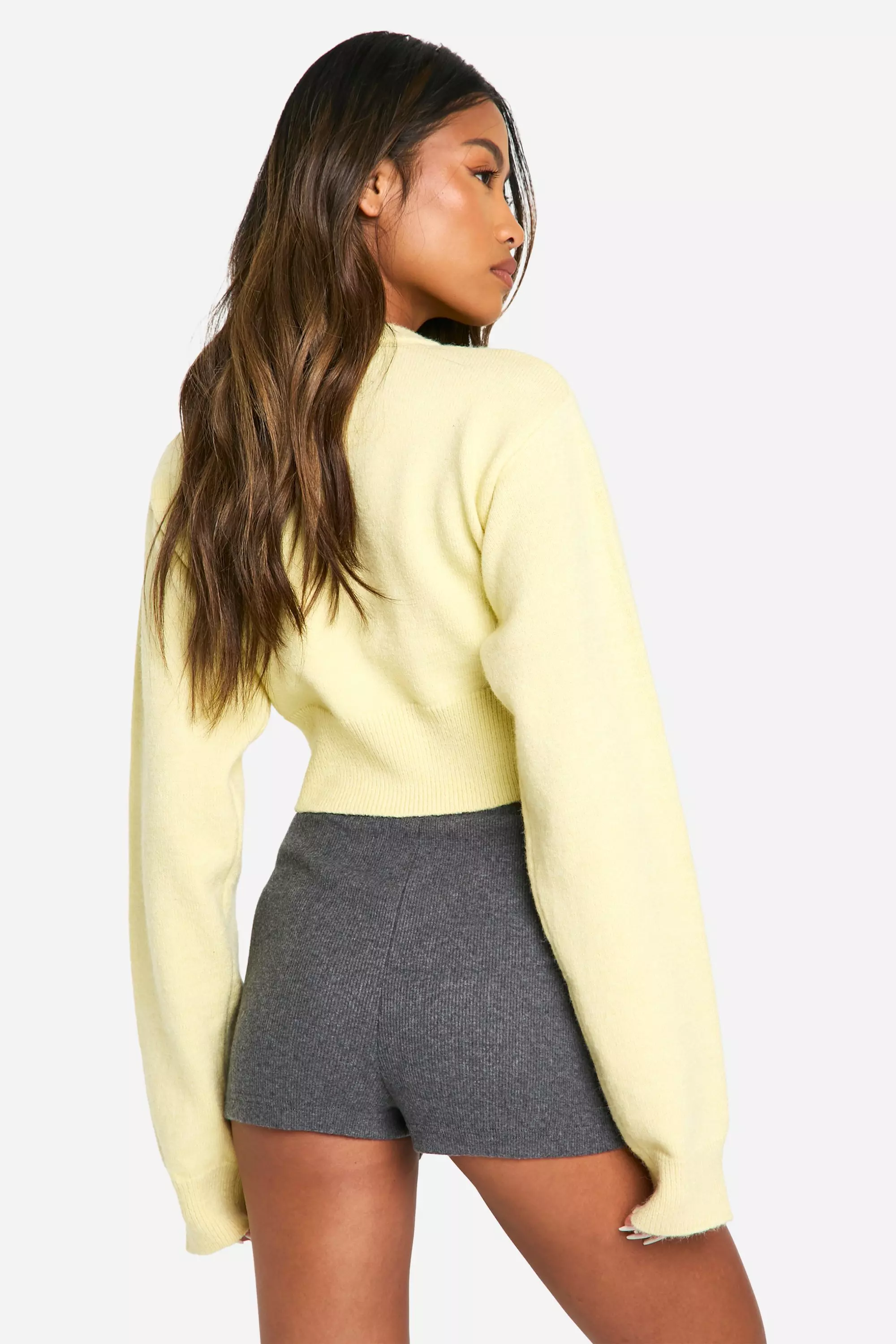 Charcoal Brushed Rib Foldover Waistband Booty Short صورة بديلة