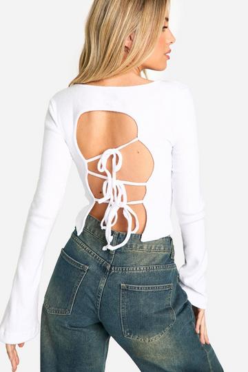 Brushed Rib Tie Back Detail Long Sleeve Top white