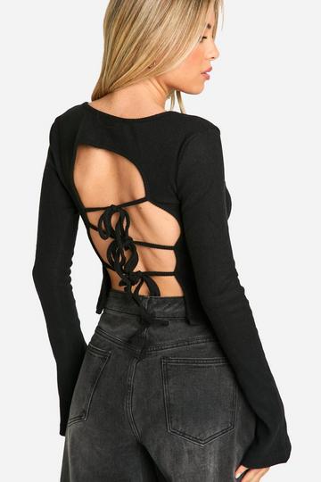 Brushed Rib Tie Back Detail Long Sleeve Top black