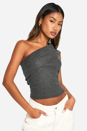 Brushed Rib One Shoulder Bardot Top charcoal