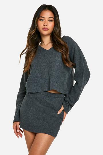 Geborstelde Geribbelde Boxy Top Met V-Hals En Mini Rokje Set charcoal