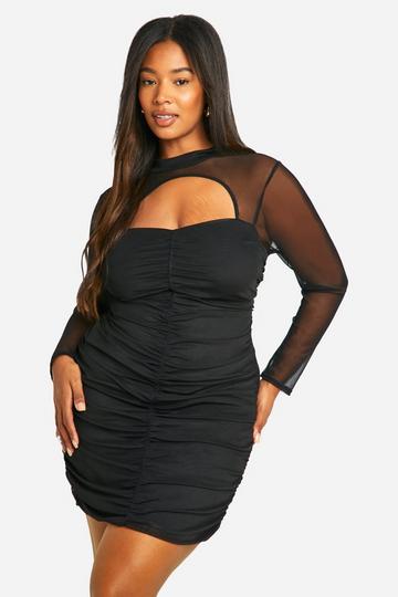 Plus Mesh Ruched Keyhole Mini Dress black