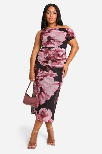 Plus Mesh Bloemenprint Midi Jurk Met Eén Blote Schouder pink