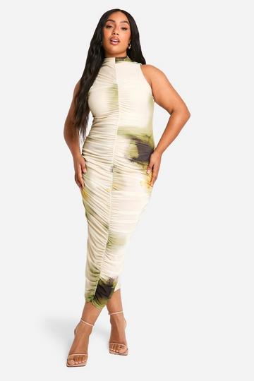 Plus Abstract Ruched Midi Dress multi