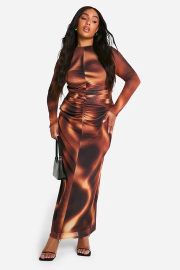 Plus Mesh Ruched Long Sleeve Column Maxi Dress brown