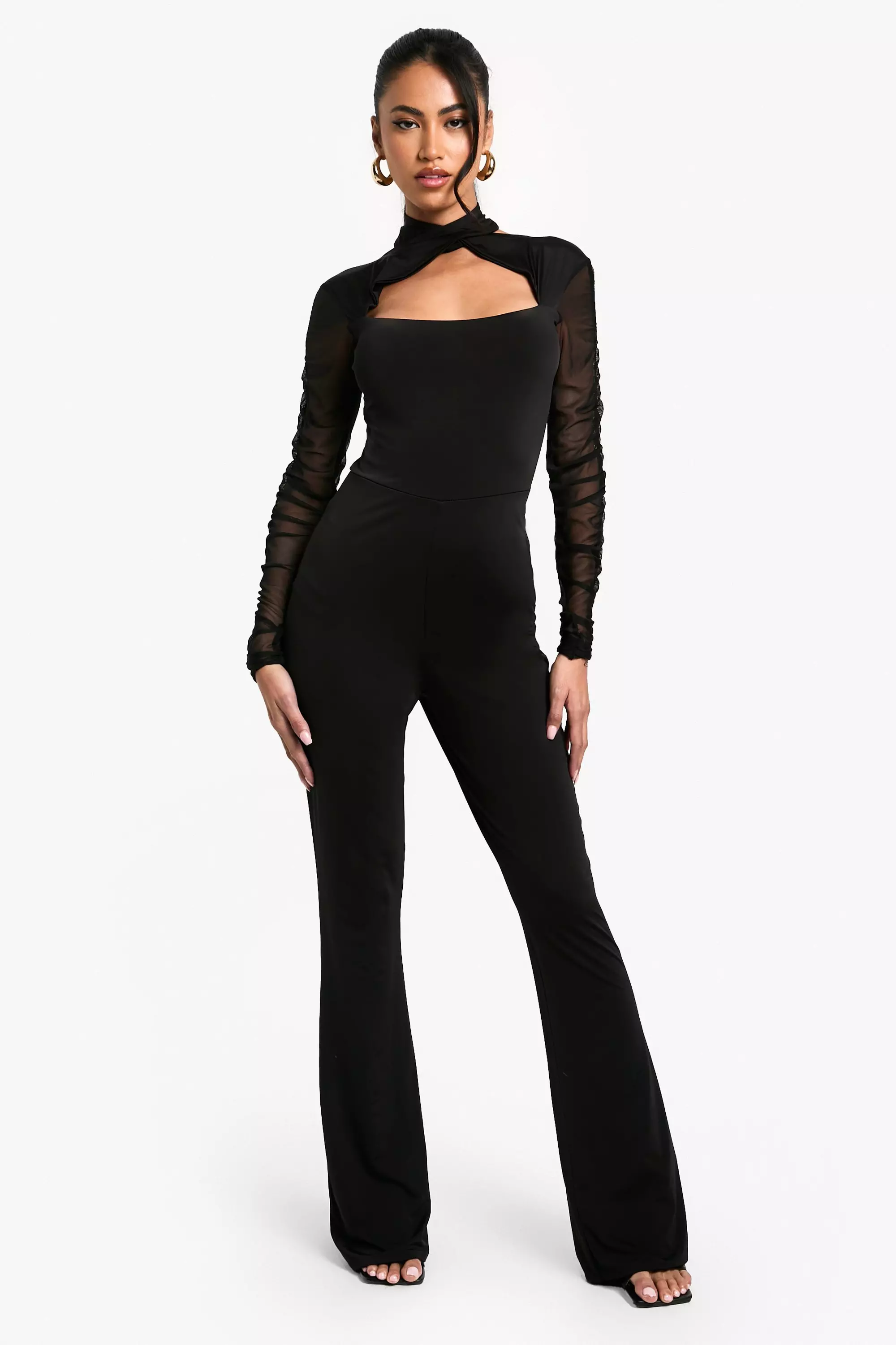 Black Mesh Long Sleeve Cut Out Jumpsuit صورة بديلة