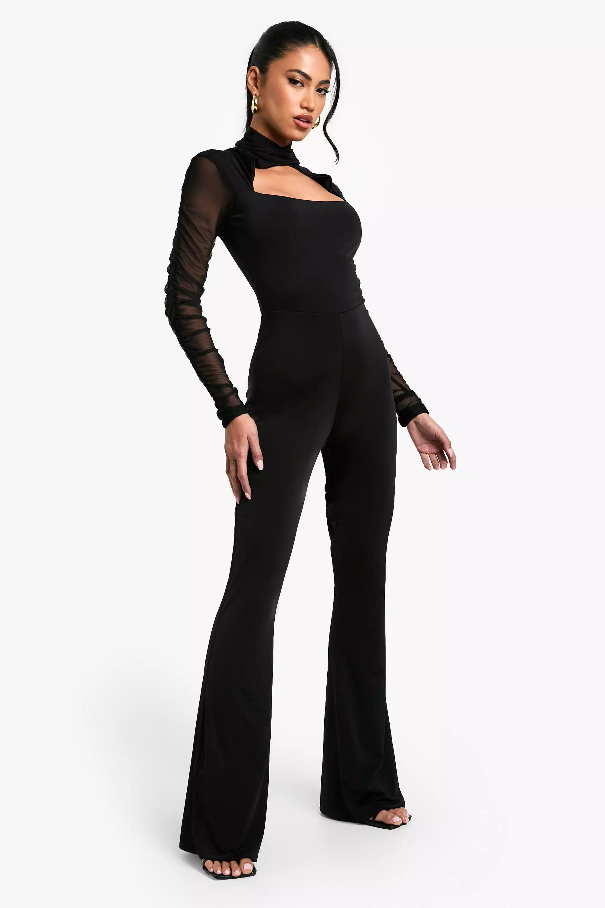 Black Mesh Long Sleeve Cut Out Jumpsuit صورة بديلة
