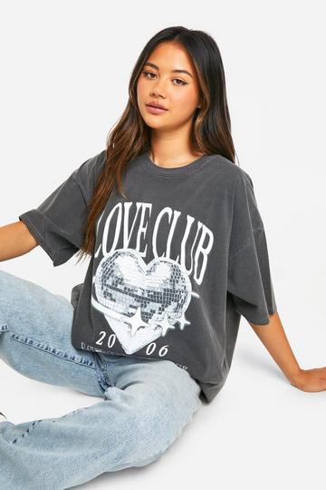 Love Club Disco Heart Printed Overdyed Oversized T-shirt charcoal