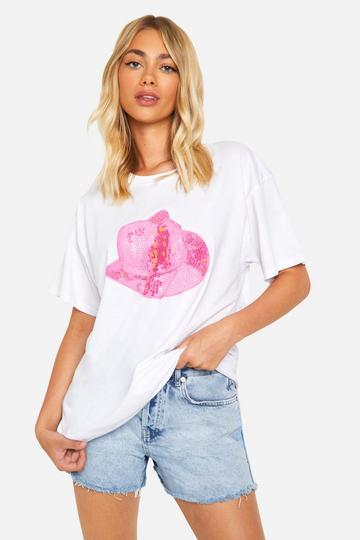 Pink Disco Cowgirl Hat Printed Oversized T-shirt white