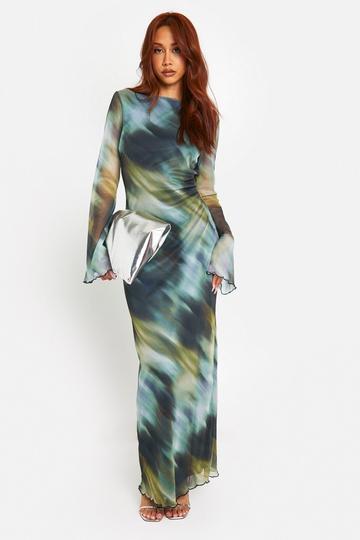 Green Blur Print Scoop Back Maxi Dress