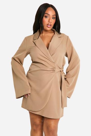 Plus Buckle Detail Tie Waist Tailored Blazer Dress taupe