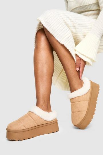 Faux Fur Platform Cozy Mules sand