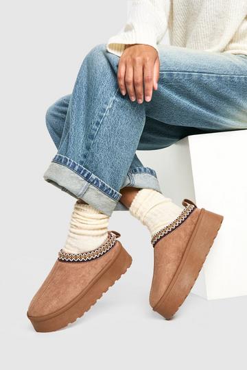 Embroidered Platform Cosy Mules mocha