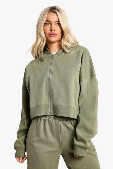 Dsgn Studio Embroidered Boxy Crop Zip Through Hoodie khaki