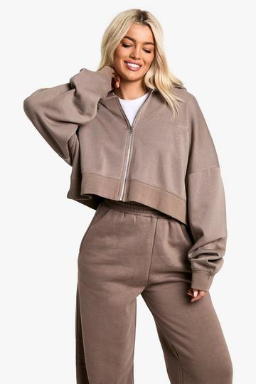 Dsgn Studio Embroidered Boxy Crop Zip Through Hoodie mocha