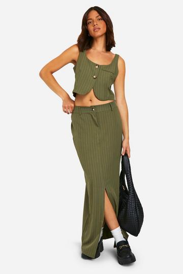 Khaki Pinstripe Split Front Column Maxi Skirt