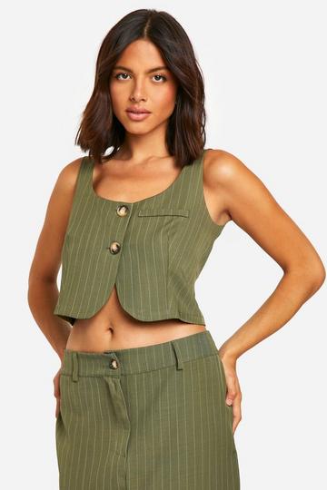 Pinstripe Curved Neckline Cropped Vest khaki