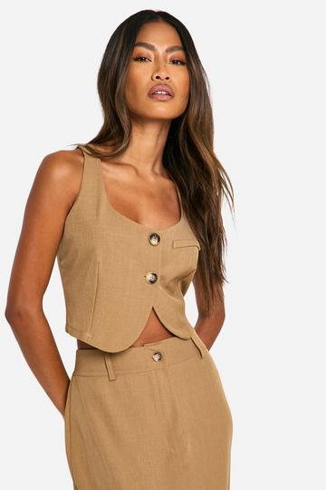 Curved Neckline Cropped Waistcoat camel