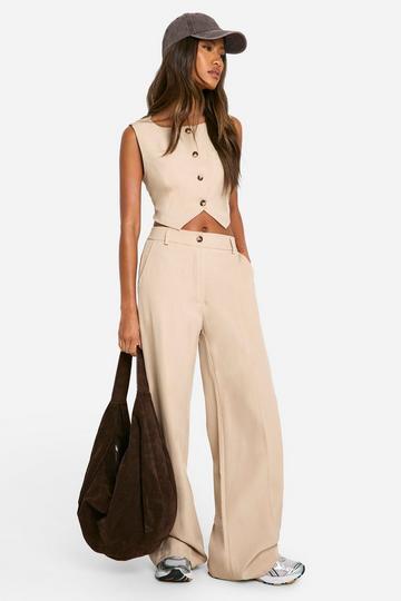 Stone Beige Wide Leg Tailored Trousers