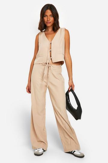 Stone Beige Pinstripe Elasticated Waist Wide Leg Trousers