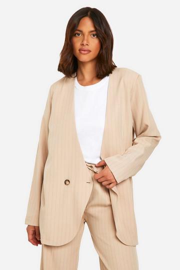 Pinstripe Collarless Oversized Longline Blazer stone