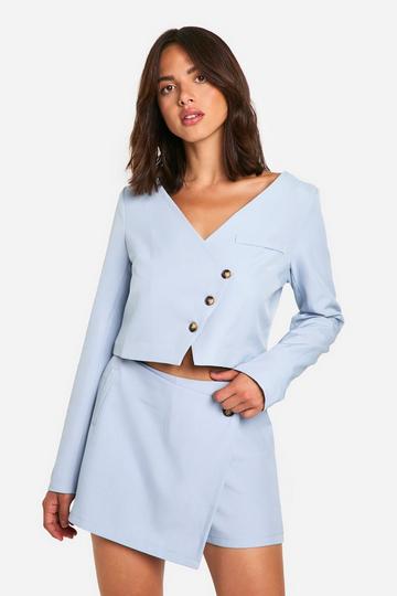 Blue Collarless Oversized Boxy Cropped Blazer