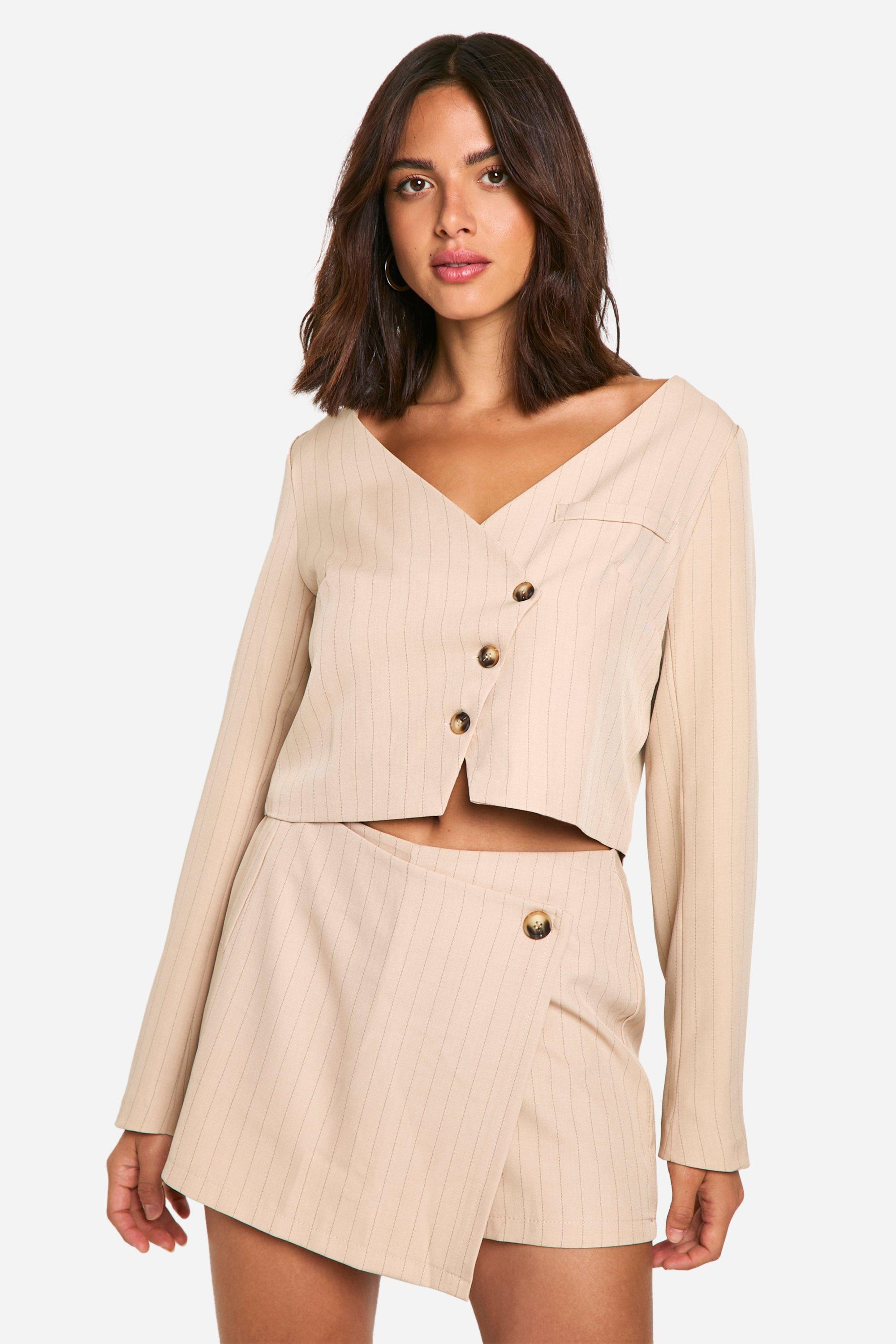 Stone Pinstripe Collarless Oversized Boxy Cropped Blazer