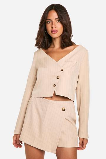 Stone Beige Pinstripe Collarless Oversized Boxy Cropped Blazer