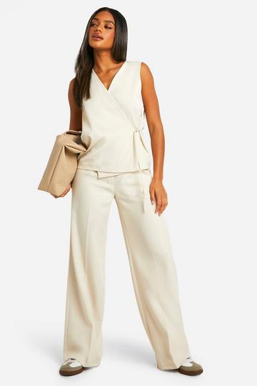 Ecru White Pleat Front Wide Leg Tailored Trousers