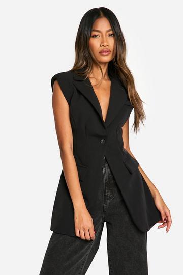 Seam Detail Cinched Waist Fitted Sleeveless Blazer black